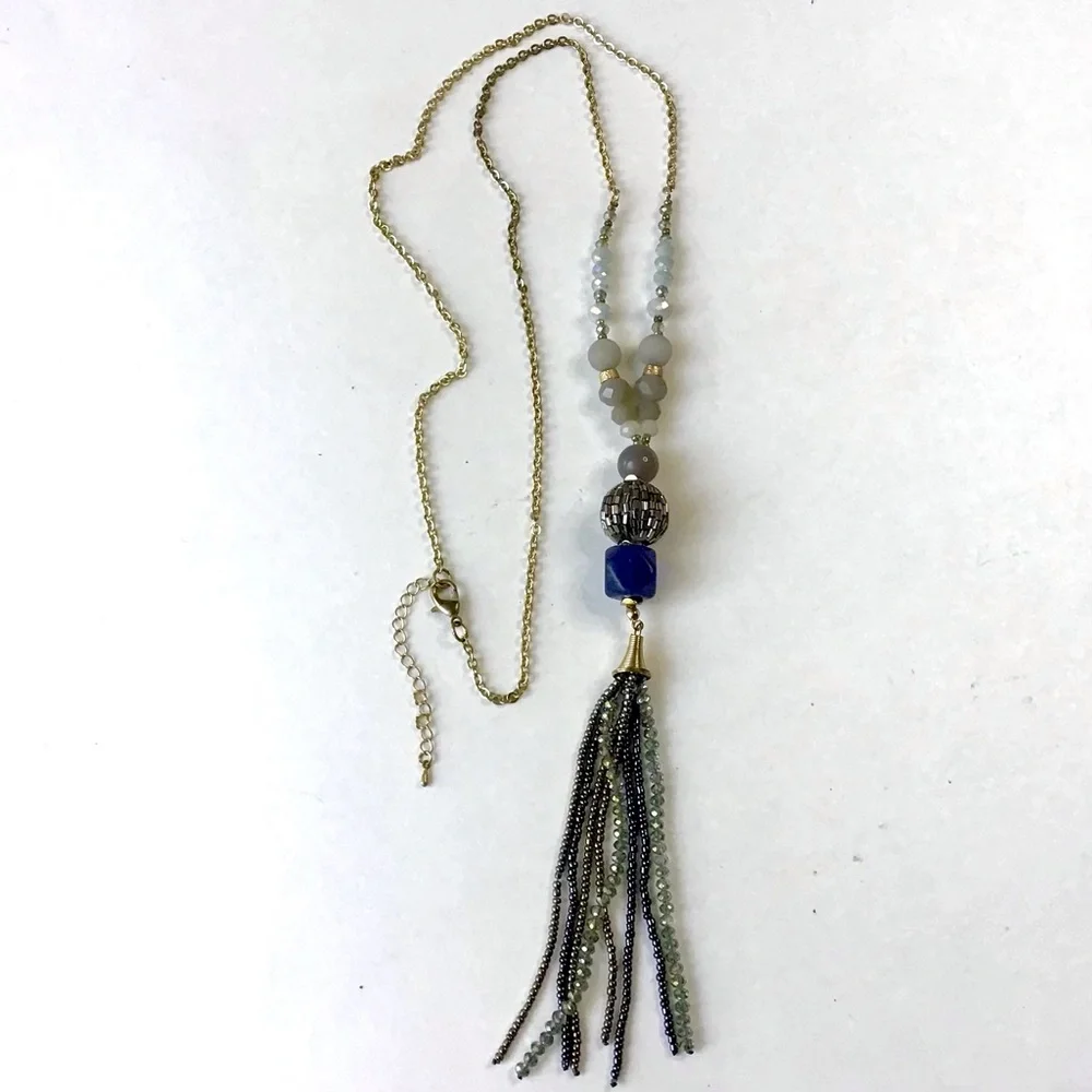 Beaded Tassel Necklace Blue & Gray Mixed Beads Gold Tone Long 32” Chain W/Clasp